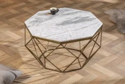 Eleganter Couchtisch DIAMOND 70cm weiß messing mit Marmorplatte