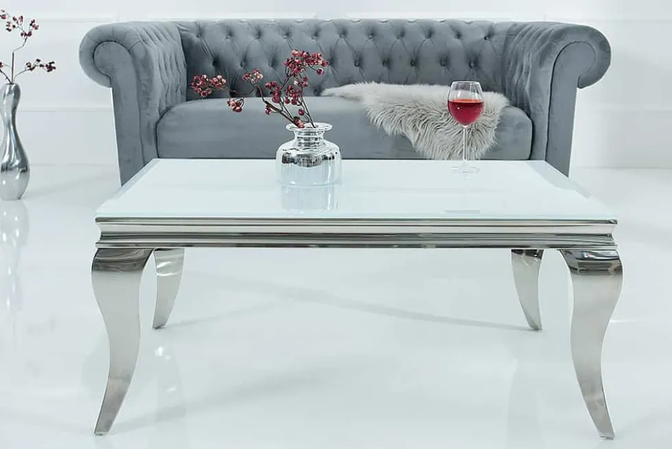 Eleganter Couchtisch MODERN BAROCK 100cm silber mit weißem Opalglas
