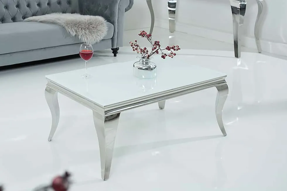 Eleganter Couchtisch MODERN BAROCK 100cm silber mit weißem Opalglas