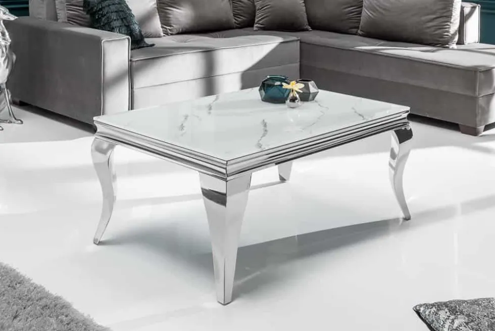 Eleganter Couchtisch MODERN BAROCK 100cm Glasplatte in Marmoroptik Edelstahlbeine