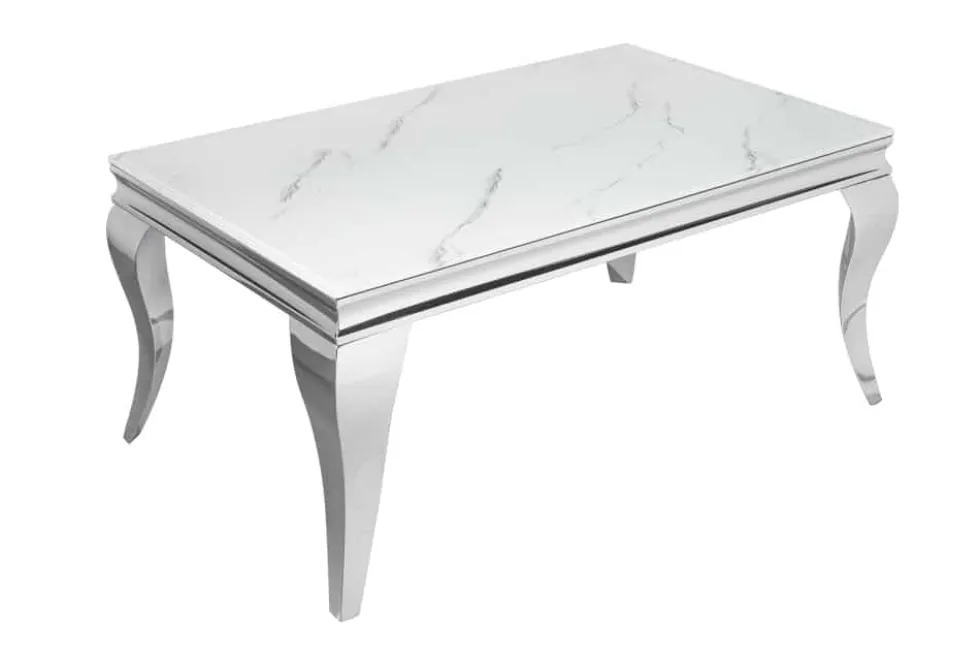 Eleganter Couchtisch MODERN BAROCK 100cm Glasplatte in Marmoroptik Edelstahlbeine