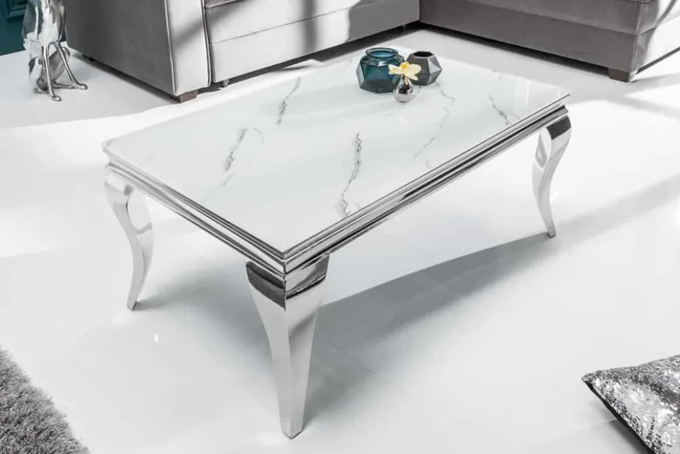 Eleganter Couchtisch MODERN BAROCK 100cm Glasplatte in Marmoroptik Edelstahlbeine