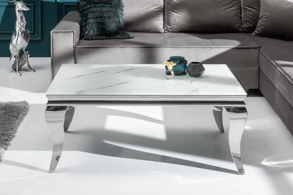 Eleganter Couchtisch MODERN BAROCK 100cm Glasplatte in Marmoroptik Edelstahlbeine