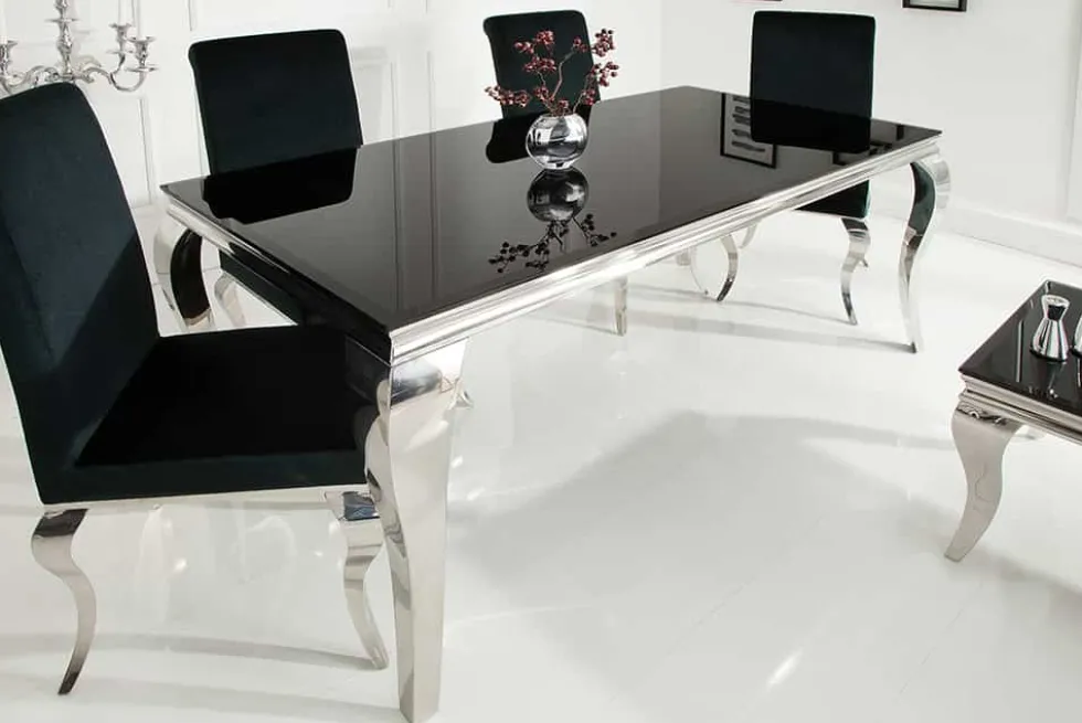 Eleganter Design Esstisch MODERN BAROCK 180cm schwarz Edelstahl Opalglas Tischplatte