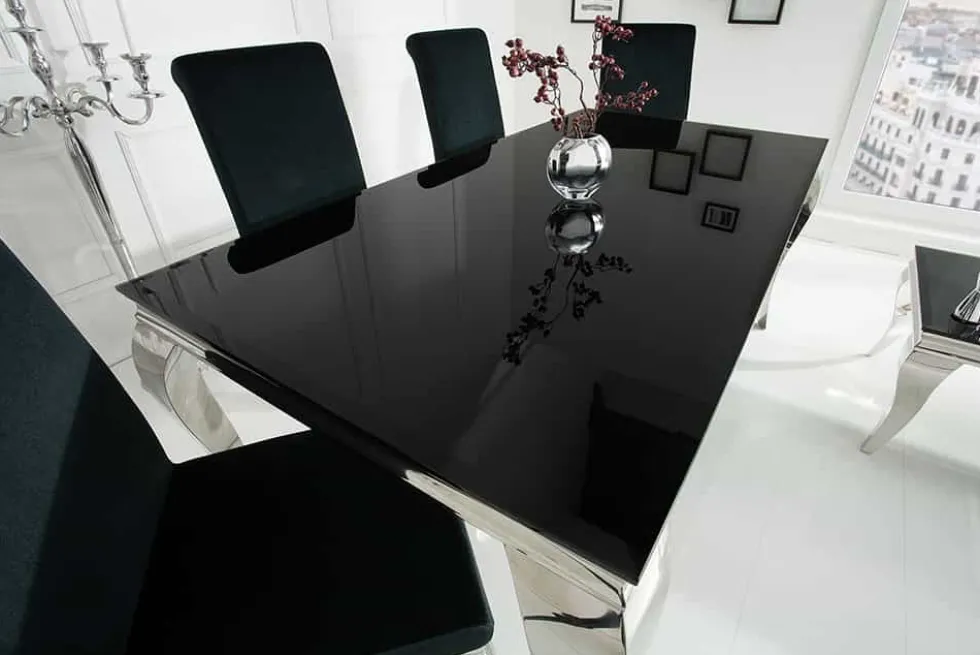 Eleganter Design Esstisch MODERN BAROCK 180cm schwarz Edelstahl Opalglas Tischplatte