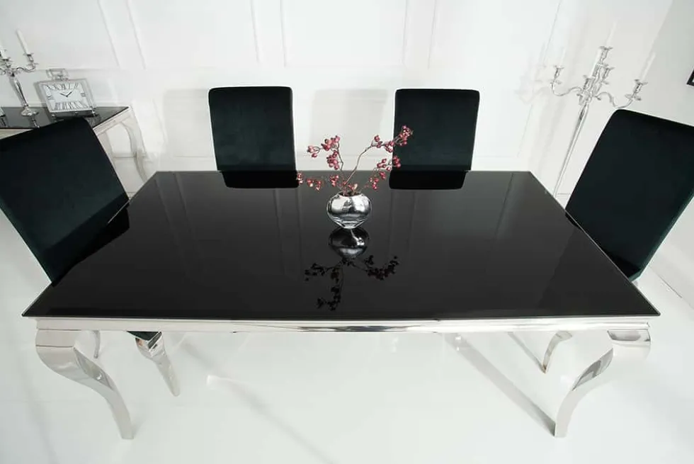 Eleganter Design Esstisch MODERN BAROCK 180cm schwarz Edelstahl Opalglas Tischplatte