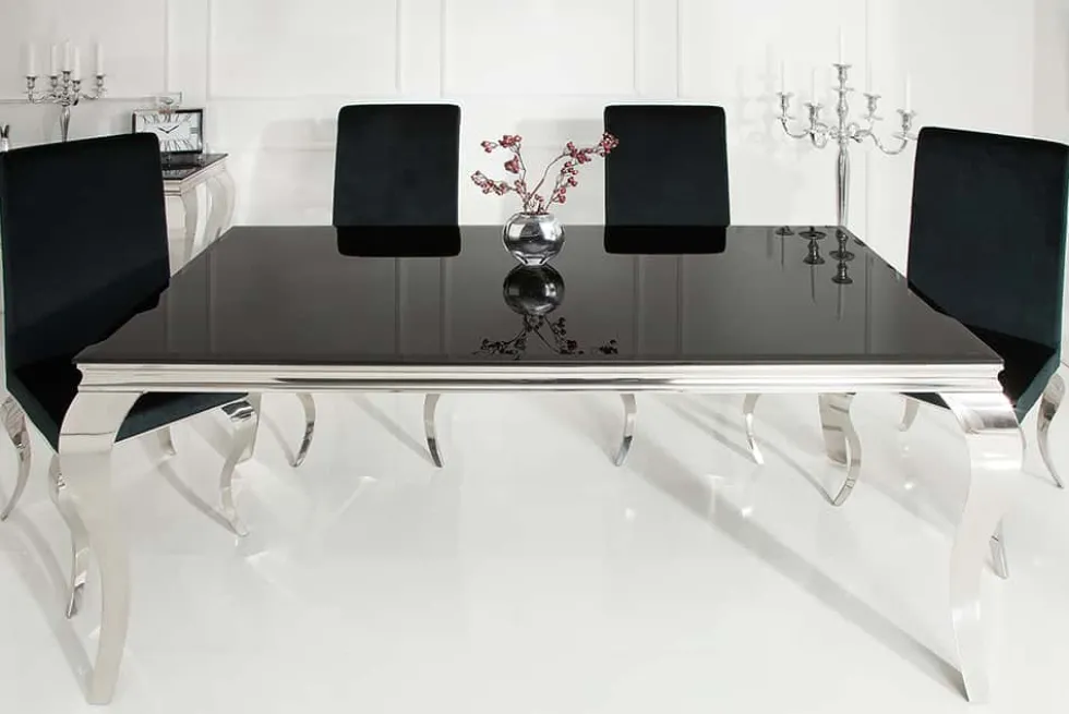 Eleganter Design Esstisch MODERN BAROCK 180cm schwarz Edelstahl Opalglas Tischplatte