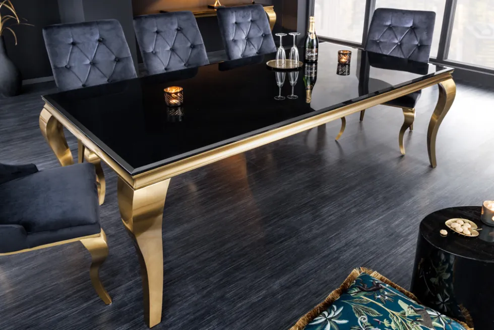 Eleganter Design Esstisch MODERN BAROCK 200cm schwarz gold Edelstahl Opalglas Tischplatte