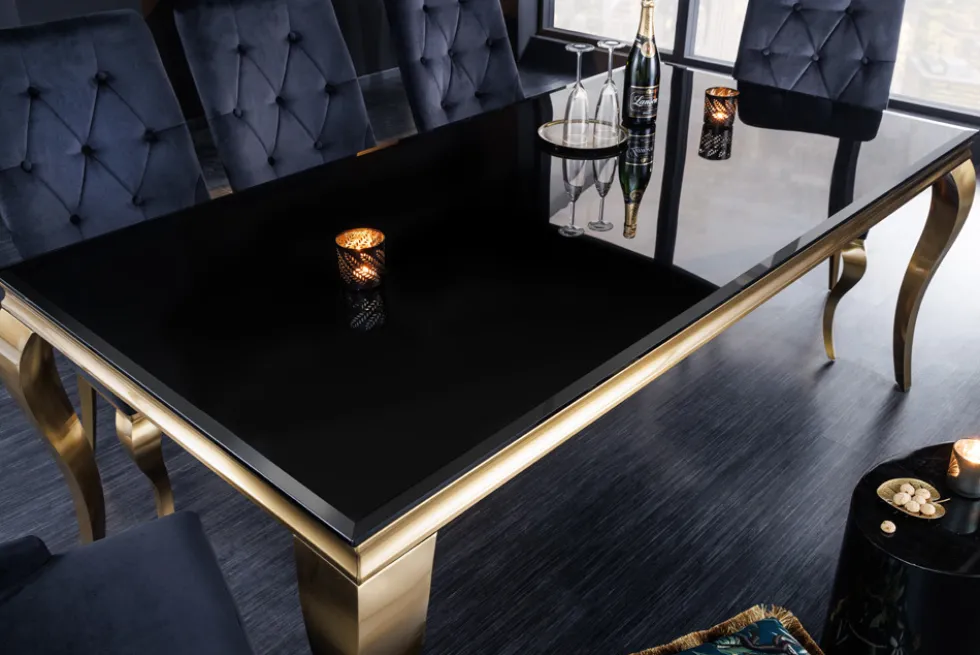 Eleganter Design Esstisch MODERN BAROCK 200cm schwarz gold Edelstahl Opalglas Tischplatte