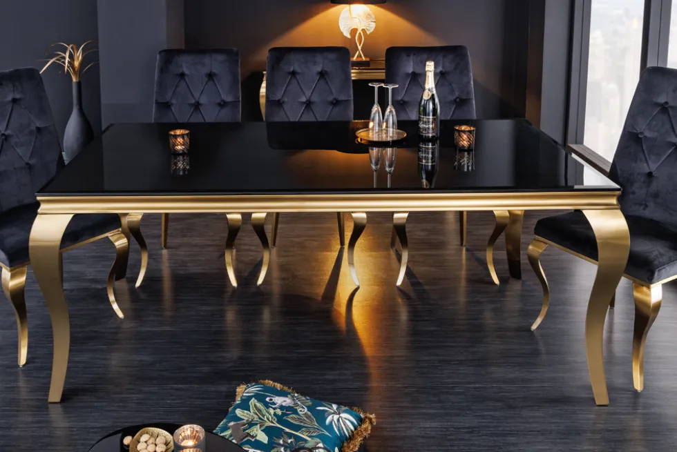 Eleganter Design Esstisch MODERN BAROCK 200cm schwarz gold Edelstahl Opalglas Tischplatte