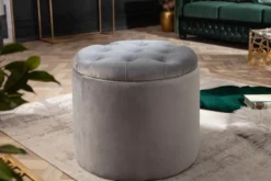Eleganter Hocker MODERN BAROCK 50cm silbergrau Samt Aufbewahrungkorb