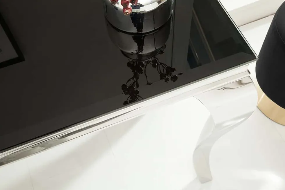 Eleganter Konsolentisch MODERN BAROCK 145cm schwarz Opalglas Edelstahlbeine