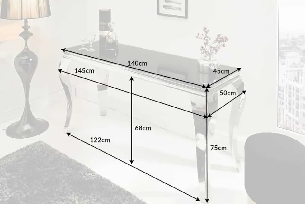 Eleganter Konsolentisch MODERN BAROCK 145cm schwarz Opalglas Edelstahlbeine