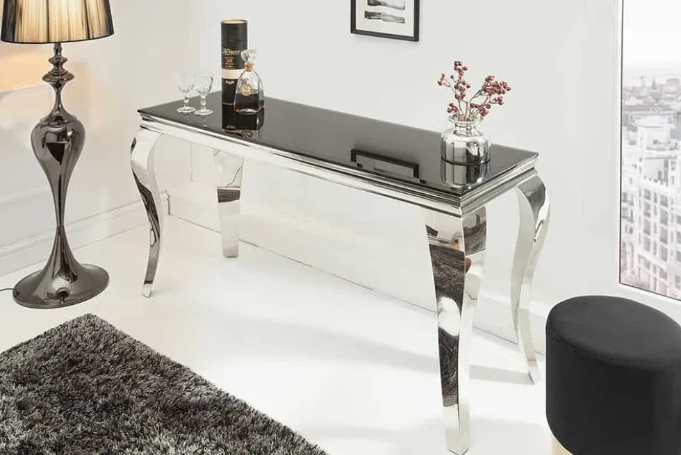 Eleganter Konsolentisch MODERN BAROCK 145cm schwarz Opalglas Edelstahlbeine