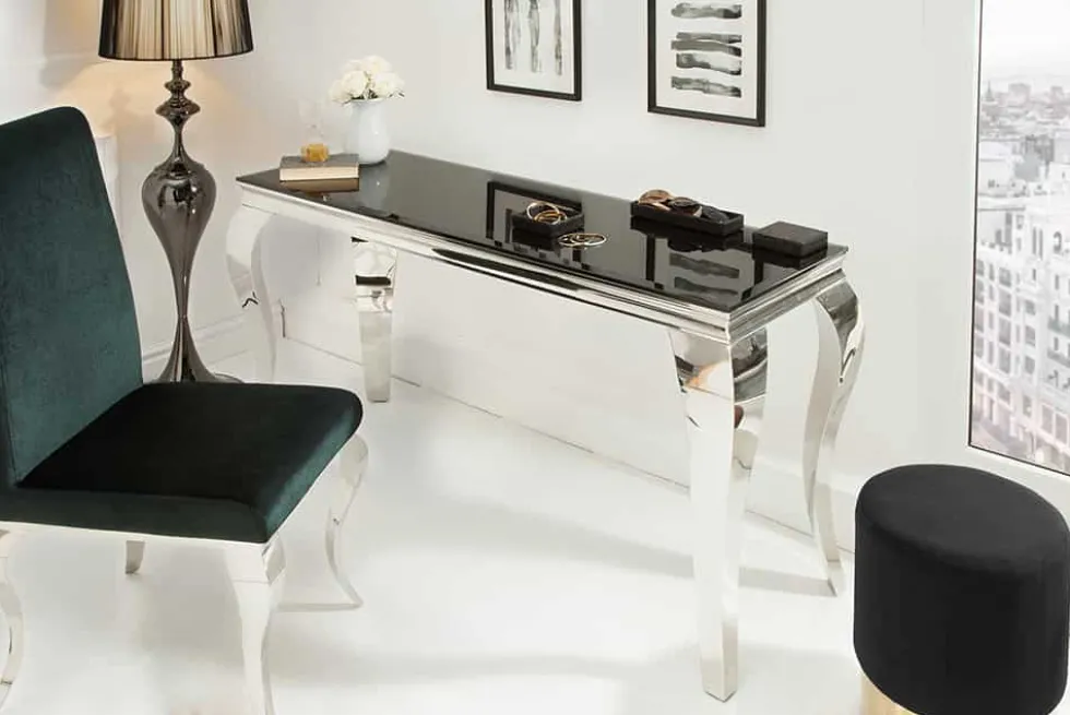 Eleganter Konsolentisch MODERN BAROCK 145cm schwarz Opalglas Edelstahlbeine