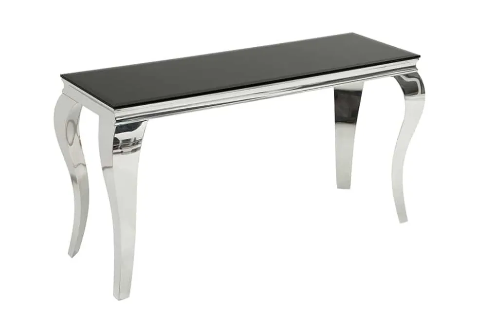 Eleganter Konsolentisch MODERN BAROCK 145cm schwarz Opalglas Edelstahlbeine