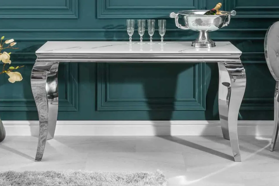 Eleganter Konsolentisch MODERN BAROCK 145cm mit Glasplatte Marmoroptik Edelstahlbeine
