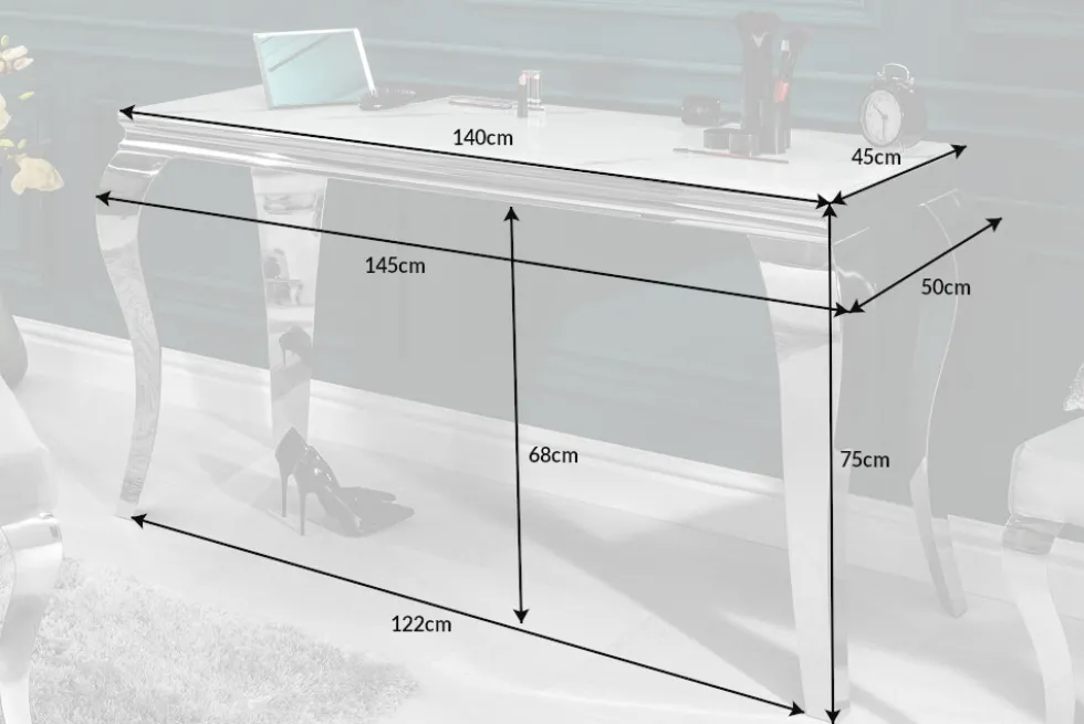Eleganter Konsolentisch MODERN BAROCK 145cm mit Glasplatte Marmoroptik Edelstahlbeine