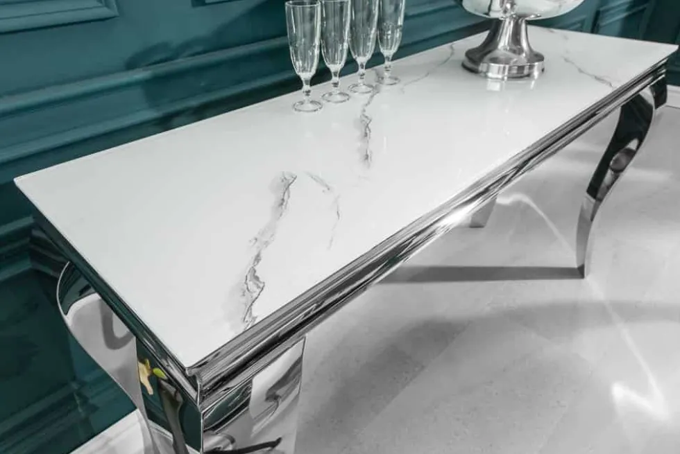 Eleganter Konsolentisch MODERN BAROCK 145cm mit Glasplatte Marmoroptik Edelstahlbeine