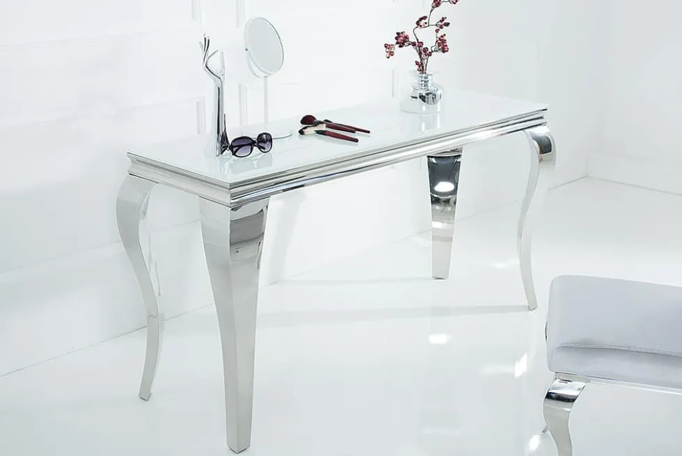Eleganter Konsolentisch MODERN BAROCK 145cm weiß Opalglas Edelstahlbeine