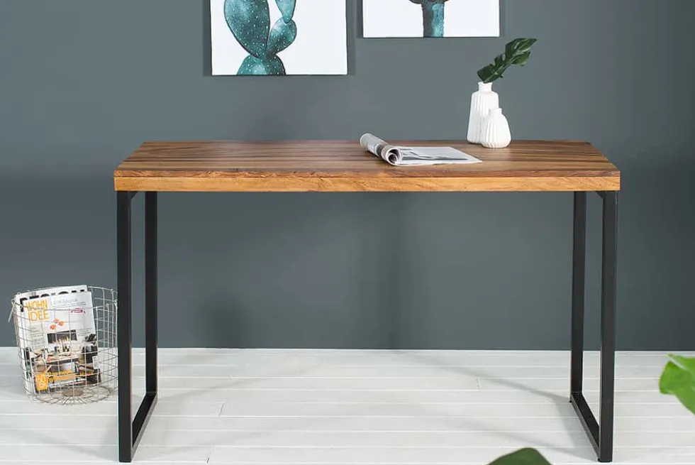 Eleganter Schreibtisch ELEMENTS 118cm braun Sheesham stone finish Metallgestell