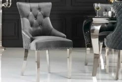Eleganter Stuhl CASTLE DELUXE grau Samt Löwenkopf Chesterfield Design Esszimmerstuhl Nieten