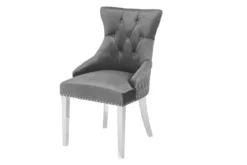 Eleganter Stuhl CASTLE DELUXE grau Samt Löwenkopf Chesterfield Design Esszimmerstuhl Nieten