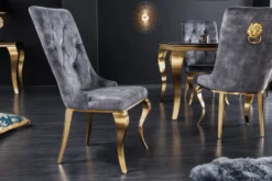 Eleganter Stuhl MODERN BAROCK grau Samt mit goldenem Löwenkopf