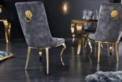 Eleganter Stuhl MODERN BAROCK grau Samt mit goldenem Löwenkopf