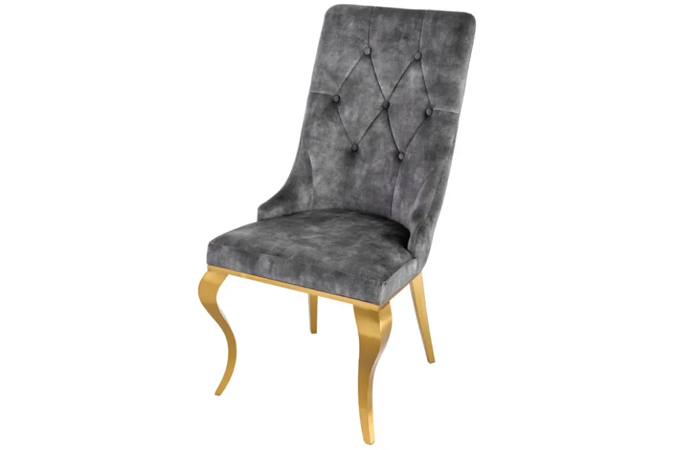 Eleganter Stuhl MODERN BAROCK grau Samt mit goldenem Löwenkopf
