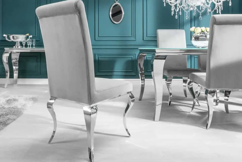 Eleganter Stuhl MODERN BAROCK edel-grau Samt Stuhlbeine aus Edelstahl