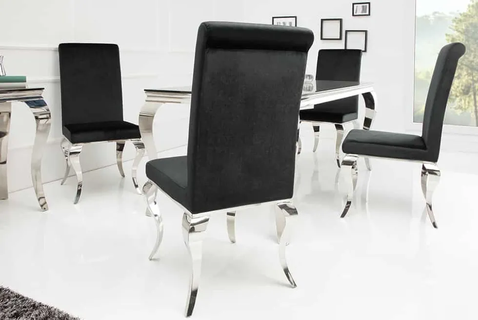 Eleganter Stuhl MODERN BAROCK schwarz Samt Stuhlbeine aus Edelstahl