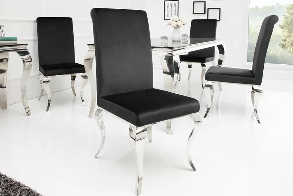 Eleganter Stuhl MODERN BAROCK schwarz Samt Stuhlbeine aus Edelstahl