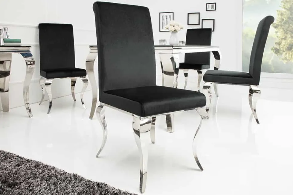 Eleganter Stuhl MODERN BAROCK schwarz Samt Stuhlbeine aus Edelstahl