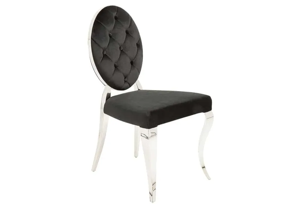 Eleganter Stuhl MODERN BAROCK schwarz Samt mit Knöpfen Edelstahlbeine
