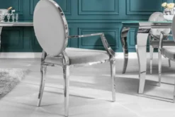 Eleganter Stuhl MODERN BAROCK edel-grau Samt mit Armlehnen und Zierknöpfen