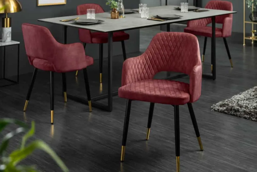 Eleganter Stuhl PARIS bordeaux Vogue Seidenstoff Samt goldene Fußkappen und Armlehnen