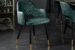 Eleganter Stuhl PARIS petrol Samt Ziersteppung Fußkappen gold Retro-Design mit Armlehnen