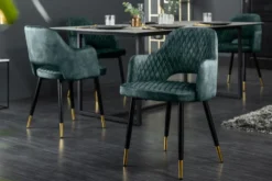 Eleganter Stuhl PARIS petrol Samt Ziersteppung Fußkappen gold Retro-Design mit Armlehnen
