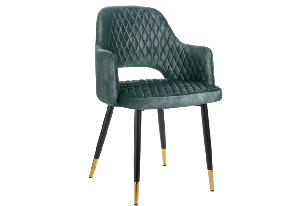 Eleganter Stuhl PARIS petrol Samt Ziersteppung Fußkappen gold Retro-Design mit Armlehnen