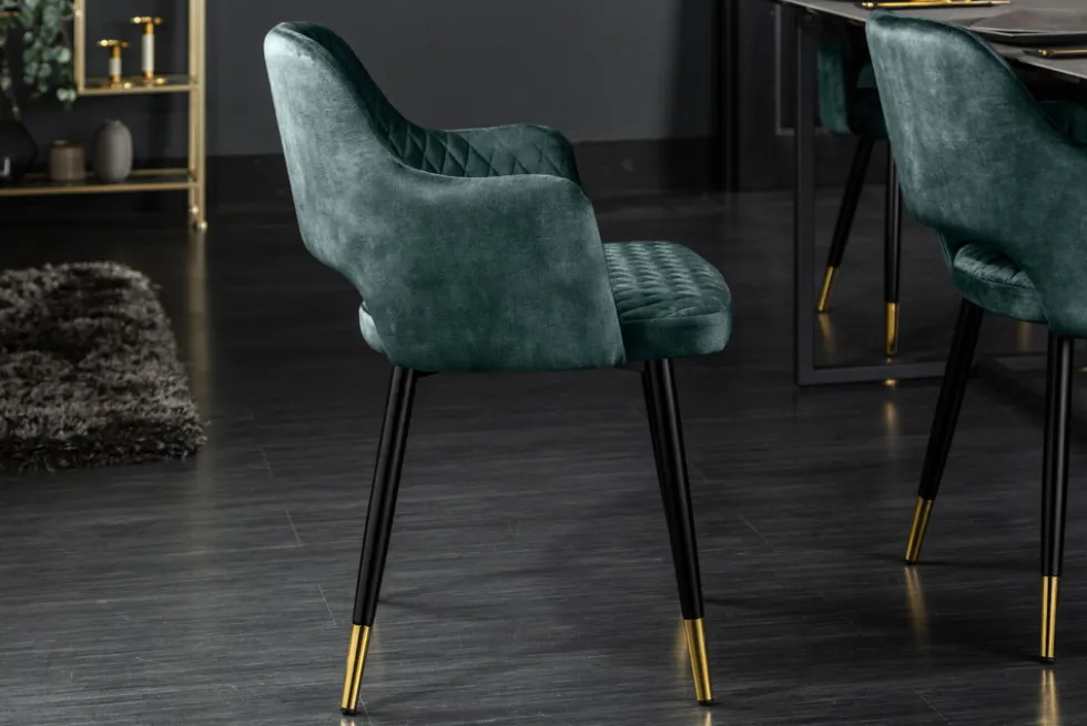 Eleganter Stuhl PARIS petrol Samt Ziersteppung Fußkappen gold Retro-Design mit Armlehnen