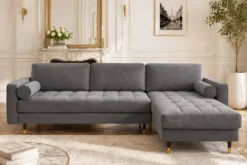 Elegantes Ecksofa COZY VELVET 260cm grau Samt Federkern 3-Sitzer