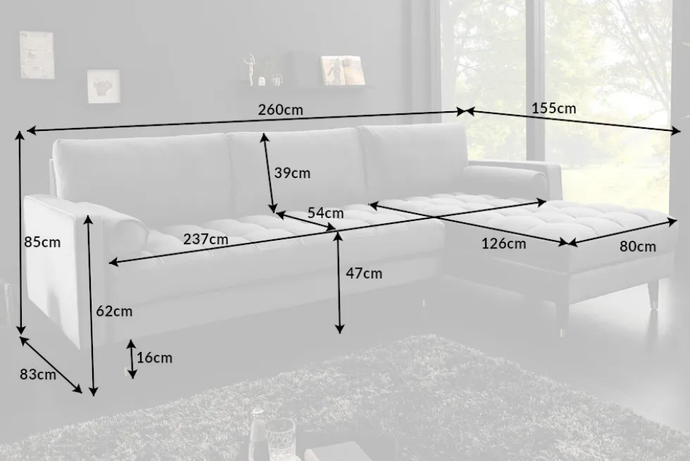 Elegantes Ecksofa COZY VELVET 260cm grau Samt Federkern 3-Sitzer