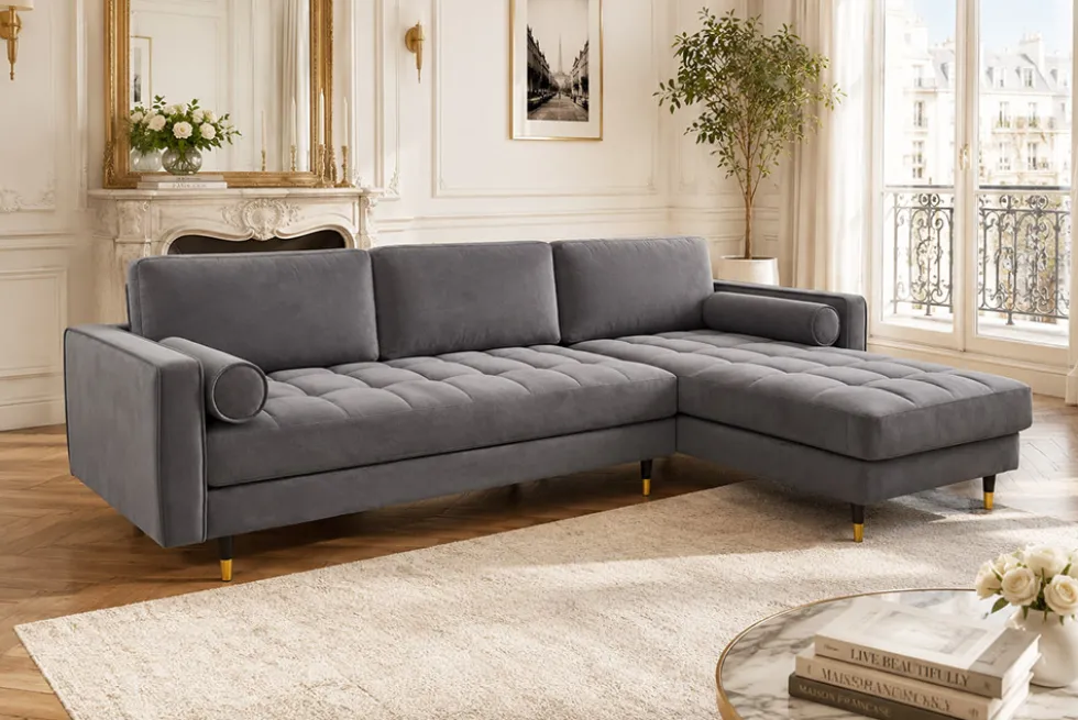 Elegantes Ecksofa COZY VELVET 260cm grau Samt Federkern 3-Sitzer