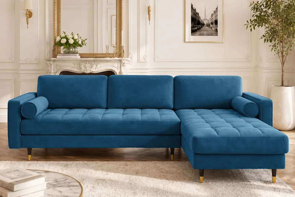 Elegantes Ecksofa COZY VELVET 260cm blau petrol Samt Federkern 3-Sitzer
