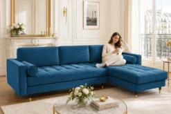 Elegantes Ecksofa COZY VELVET 260cm blau petrol Samt Federkern 3-Sitzer