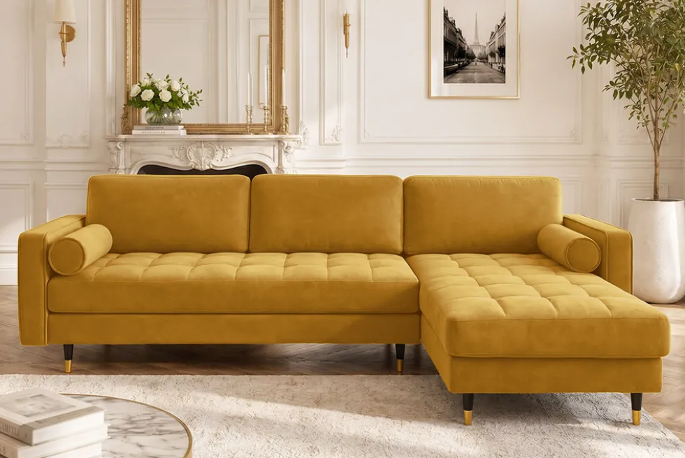 Elegantes Ecksofa COZY VELVET 260cm senfgelb Samt Federkern 3-Sitzer