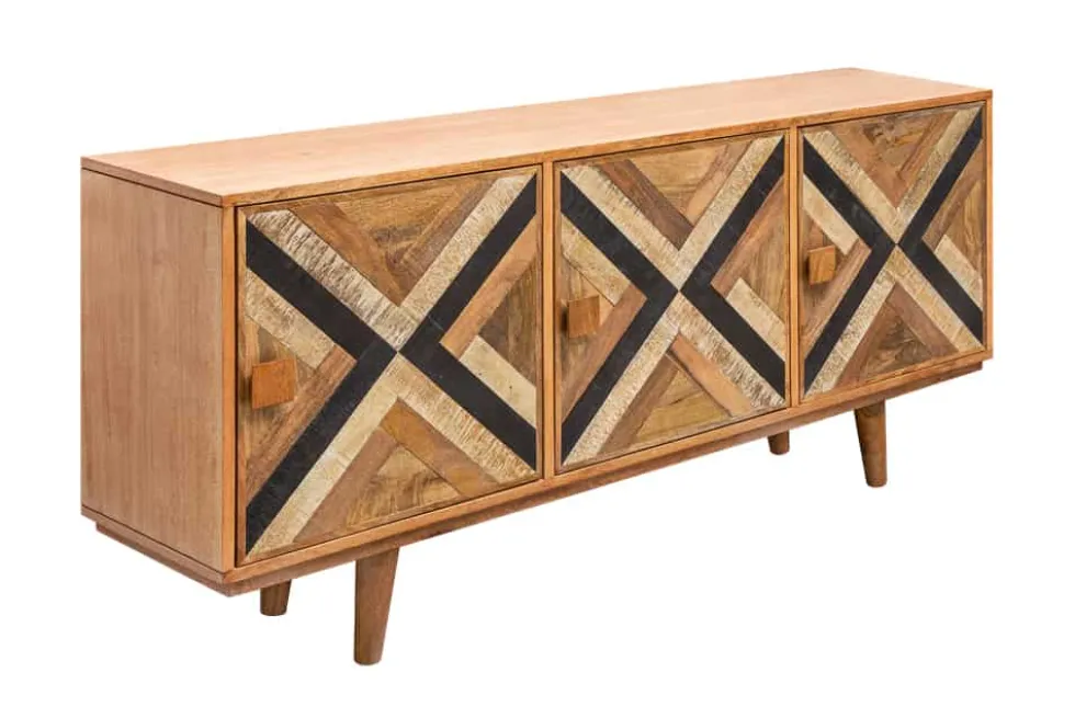 Elegantes Sideboard LONG ISLAND 160cm Mangoholz-Optik mit Retro Muster