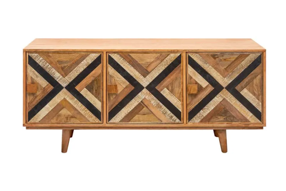 Elegantes Sideboard LONG ISLAND 160cm Mangoholz-Optik mit Retro Muster