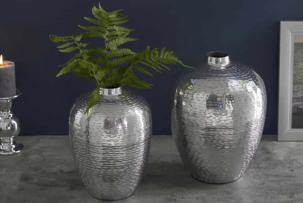 Elegantes Vasen 2er Set ORIENTAL 32cm silber im Rice Hammerschlag Design